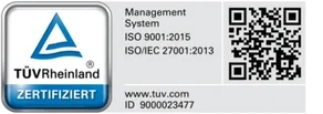 TÜV Rheinland zertifiziert nach ISO 9001:2015 und ISO/IEC 27001:2013